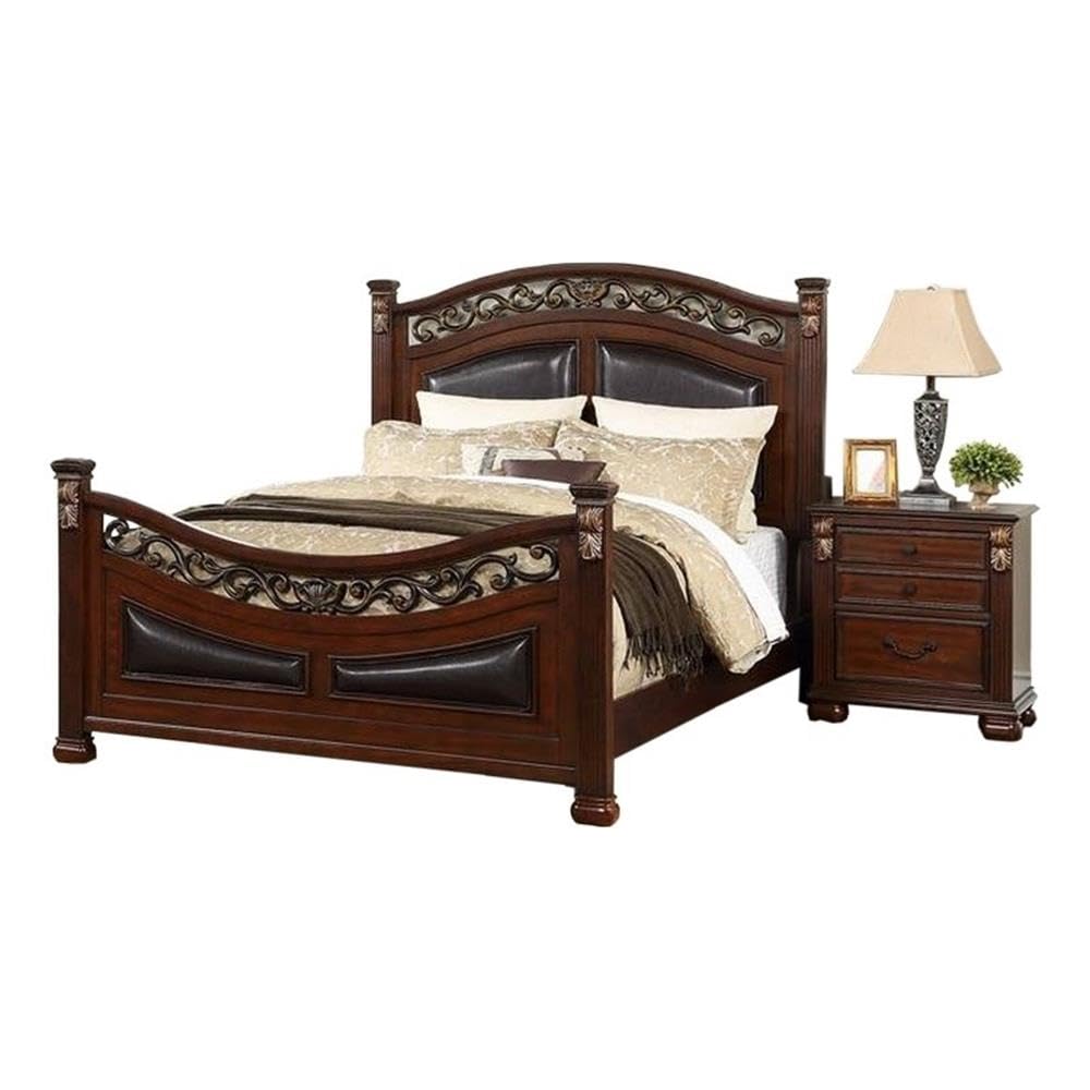 California King Wood Bed with Faux Leather Arched Headboard Y944