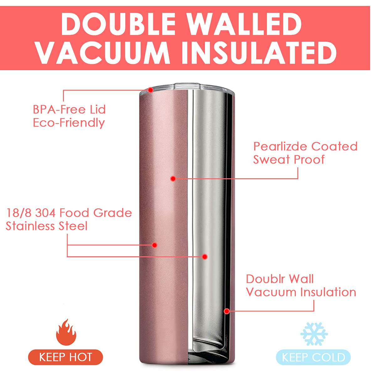 6 Pack 20 OZ Stainless Steel Skinny Tumbler with Straw M355