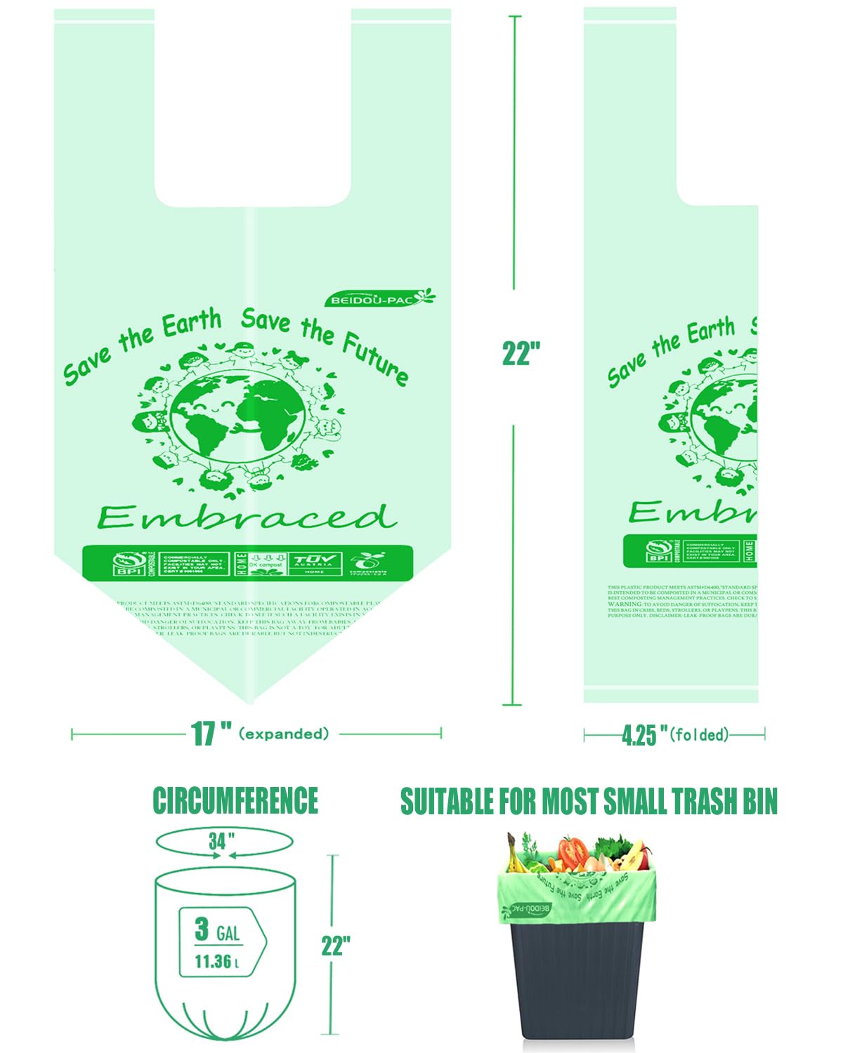 100% Compostable 3 Gallon Trash Bags with Handle, 200 Count D31290