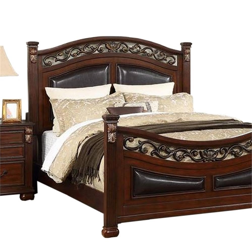 California King Wood Bed with Faux Leather Arched Headboard Y944