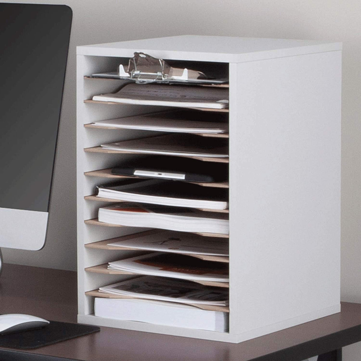 11 Compartment Gray Wood Literature Organizer Z95211