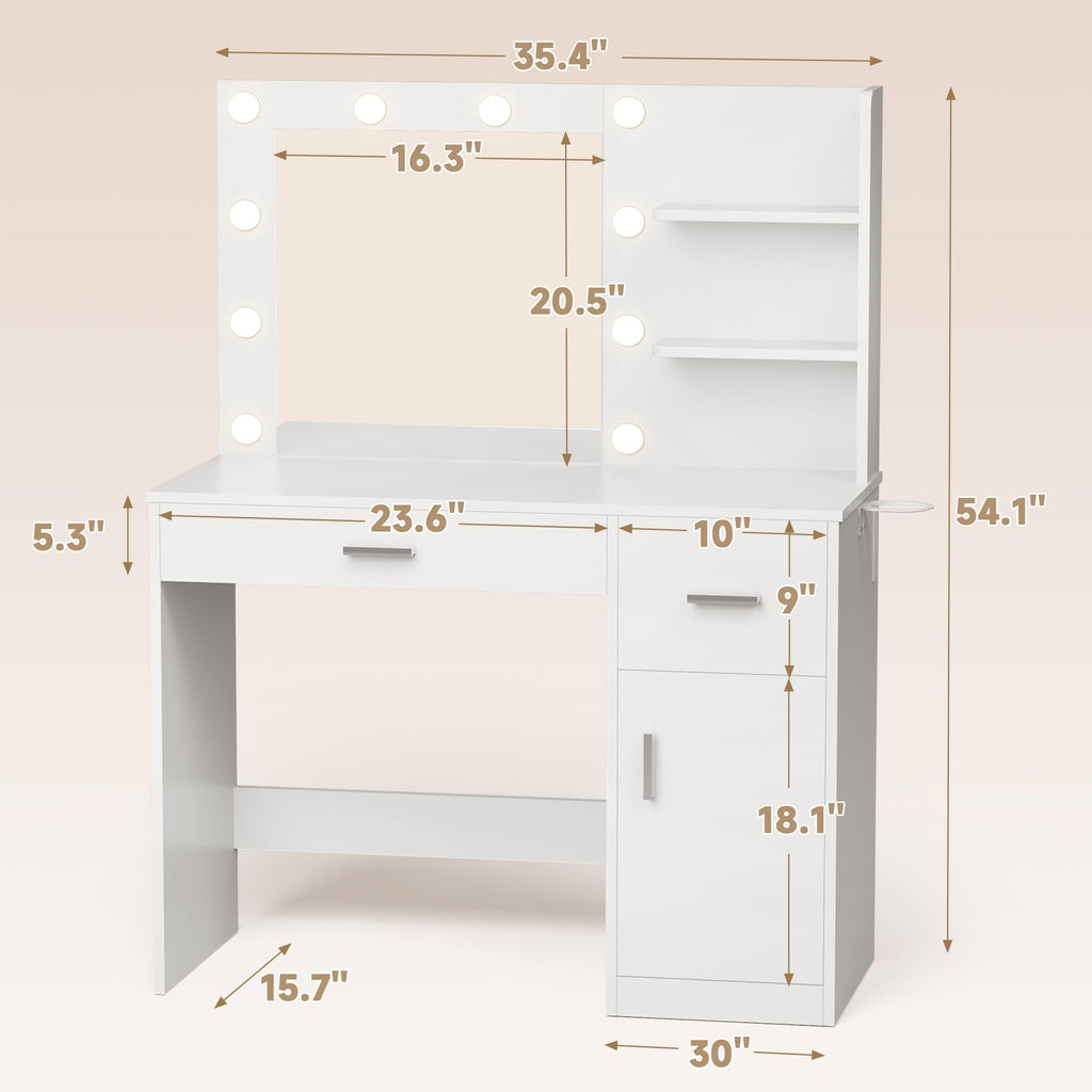 White Vanity Desk with Mirror & Charging Station W8409
