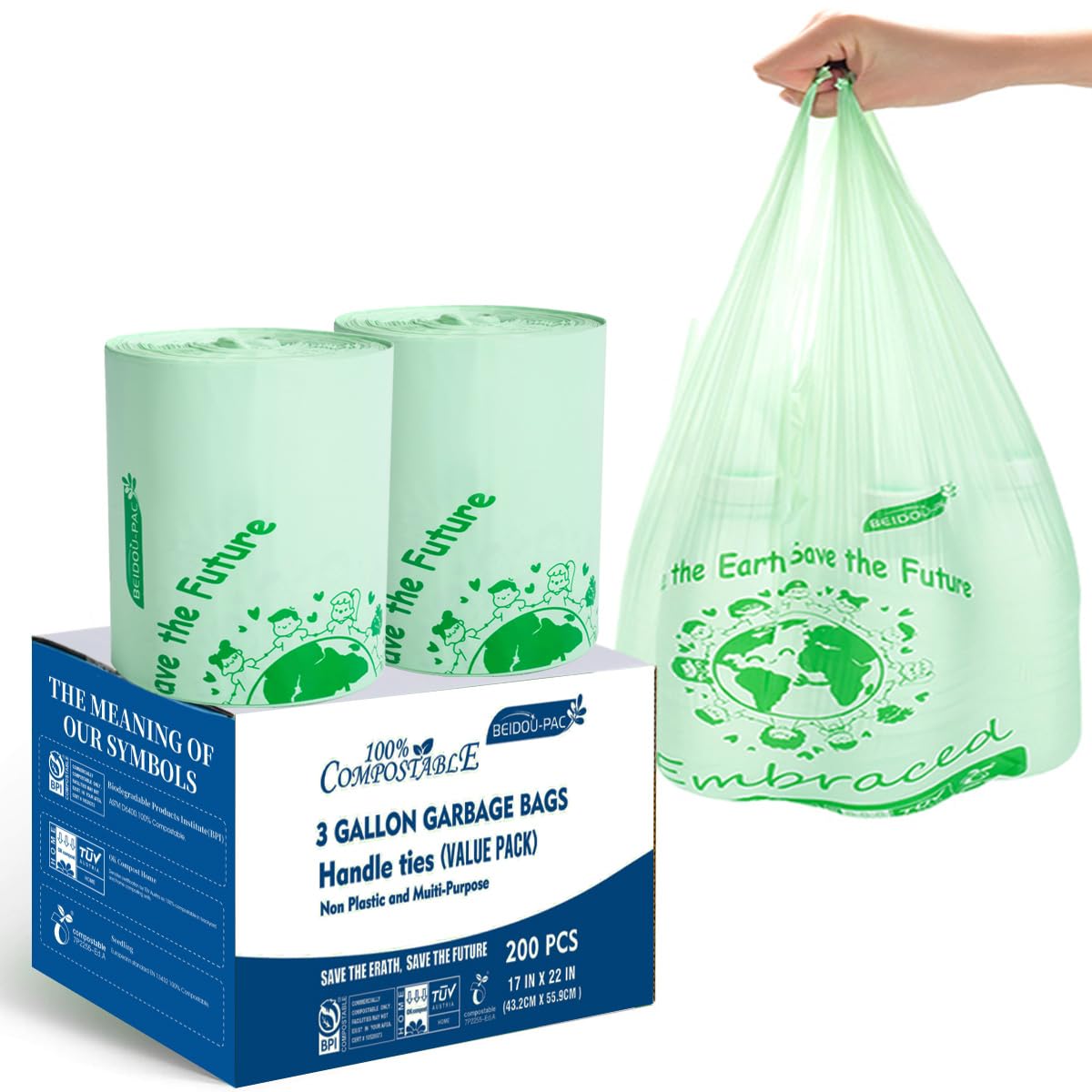 100% Compostable 3 Gallon Trash Bags with Handle, 200 Count D31290
