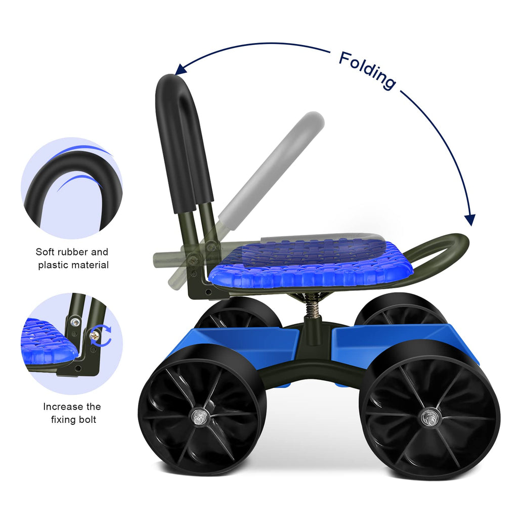 Blue Rolling Garden Cart with Four Wheels and Tool Bag K37839