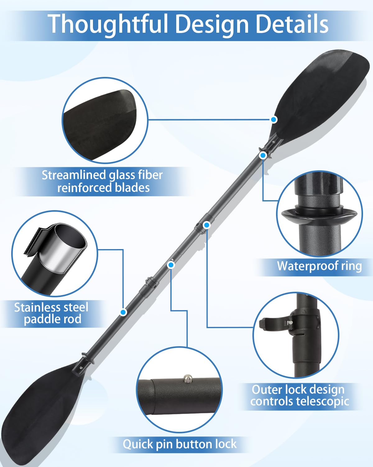 Adjustable Telescopic Kayak Paddle Stainless Steel Shaft Fiberglass Blades A798988