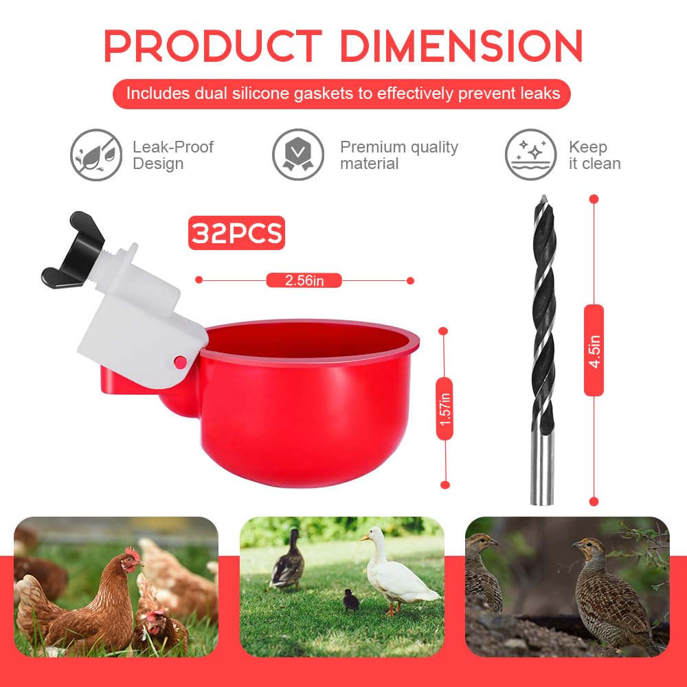 32 Pack Automatic Poultry Waterer Cups with Mounting Hole Opener P528