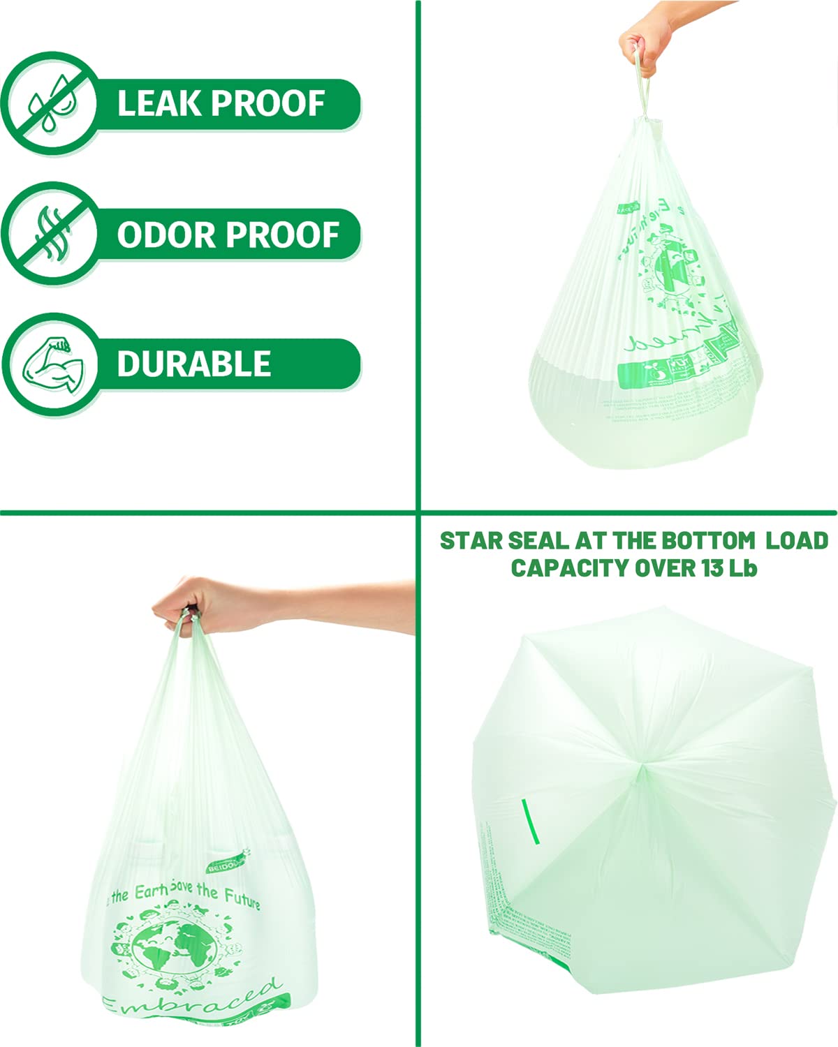 100% Compostable 3 Gallon Trash Bags with Handle, 200 Count D31290