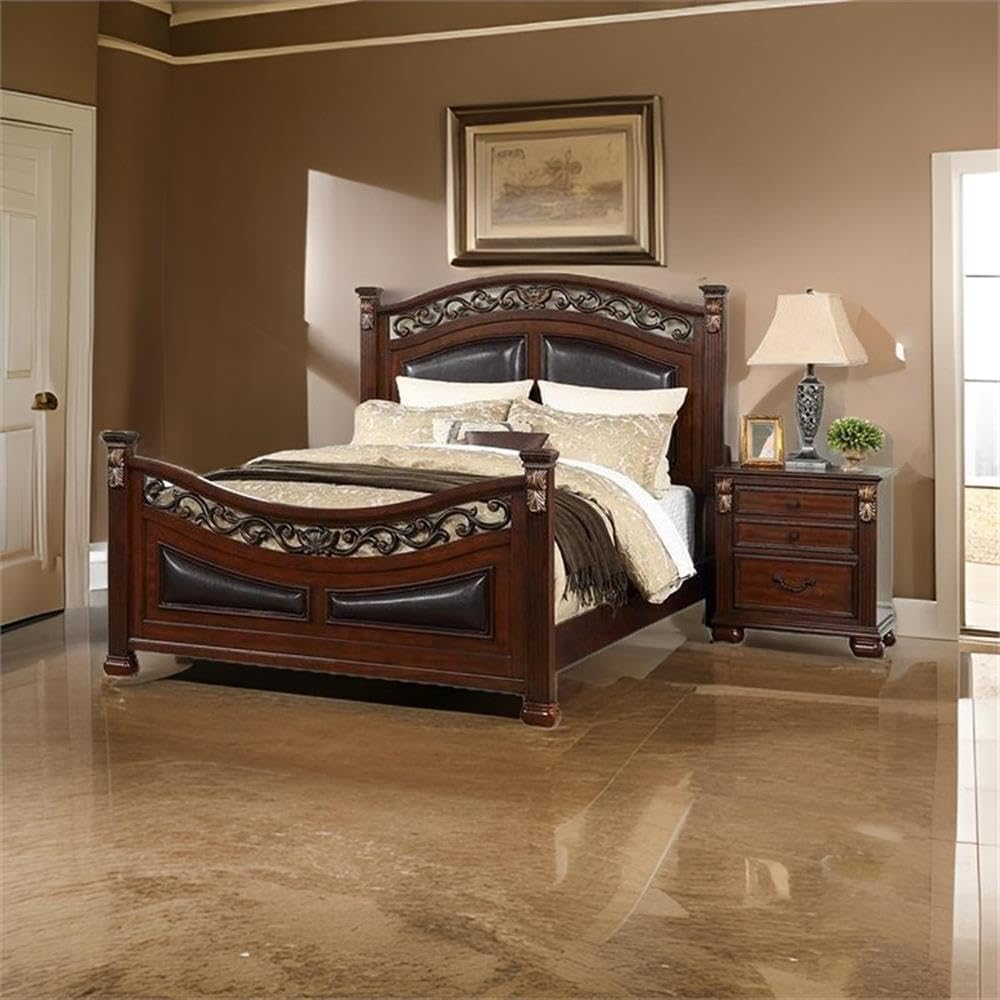 California King Wood Bed with Faux Leather Arched Headboard Y944