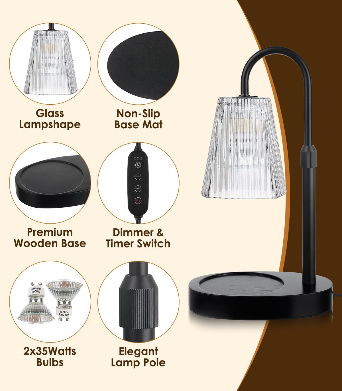 Electric Candle Warmer Lamp with Dimmer Adjustable Height Timer Glass R5013