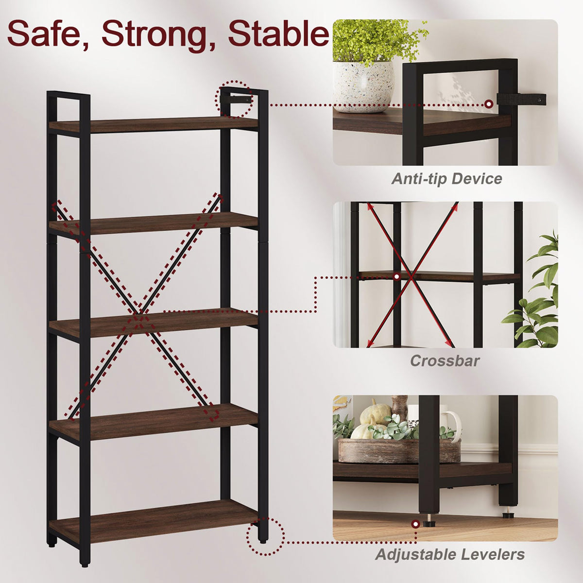 5 Tier Wood and Metal Bookshelf F883431