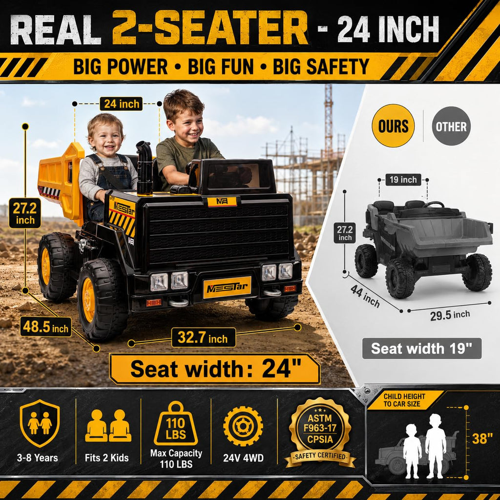 24V Ride On Dump Truck, 2-Seater Kids Electric Car, Yellow K70296