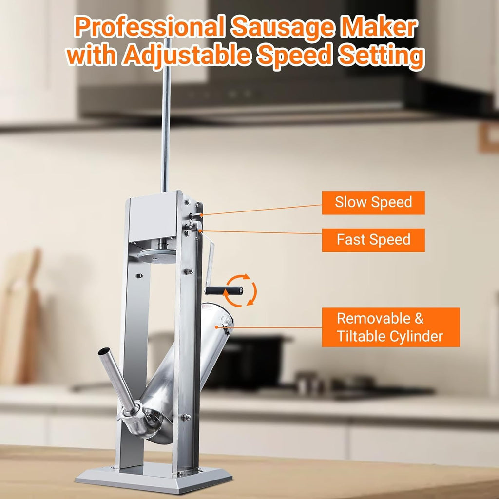 Two Speed Stainless Steel Vertical 15LBS Sausage Stuffer with 5 Stuffing Tubes Y26451