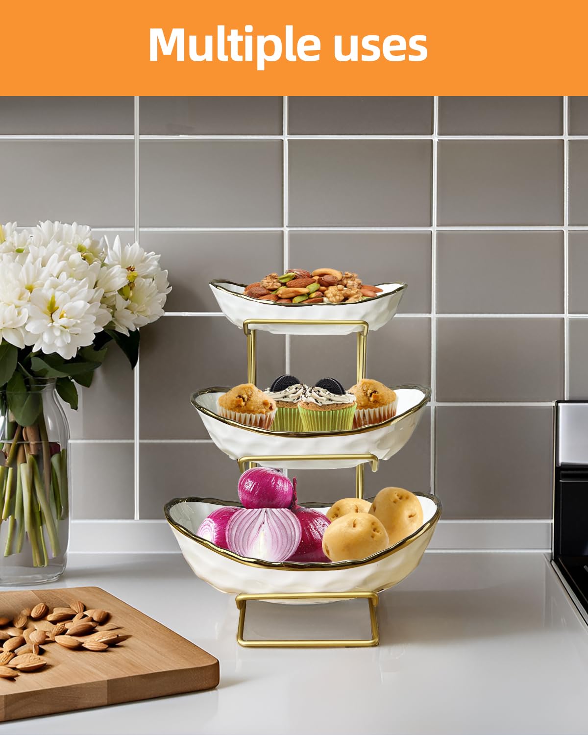 3-Tier Ceramic Fruit Bowl with Metal Stand E155