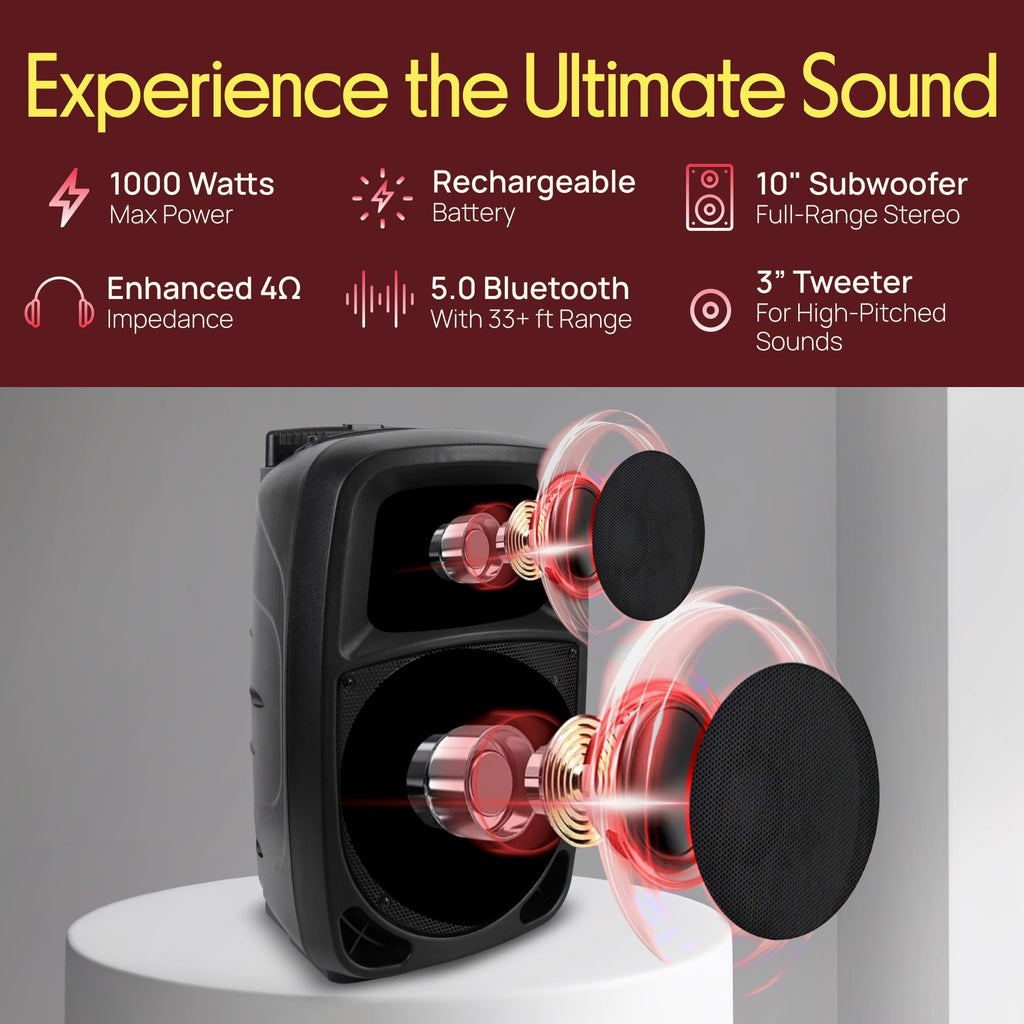 1000W Portable Bluetooth PA Speaker with 10'' Subwoofer and Wireless Mic F3673