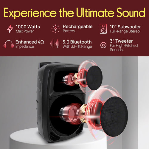 1000W Portable Bluetooth PA Speaker with 10'' Subwoofer and Wireless Mic F3673