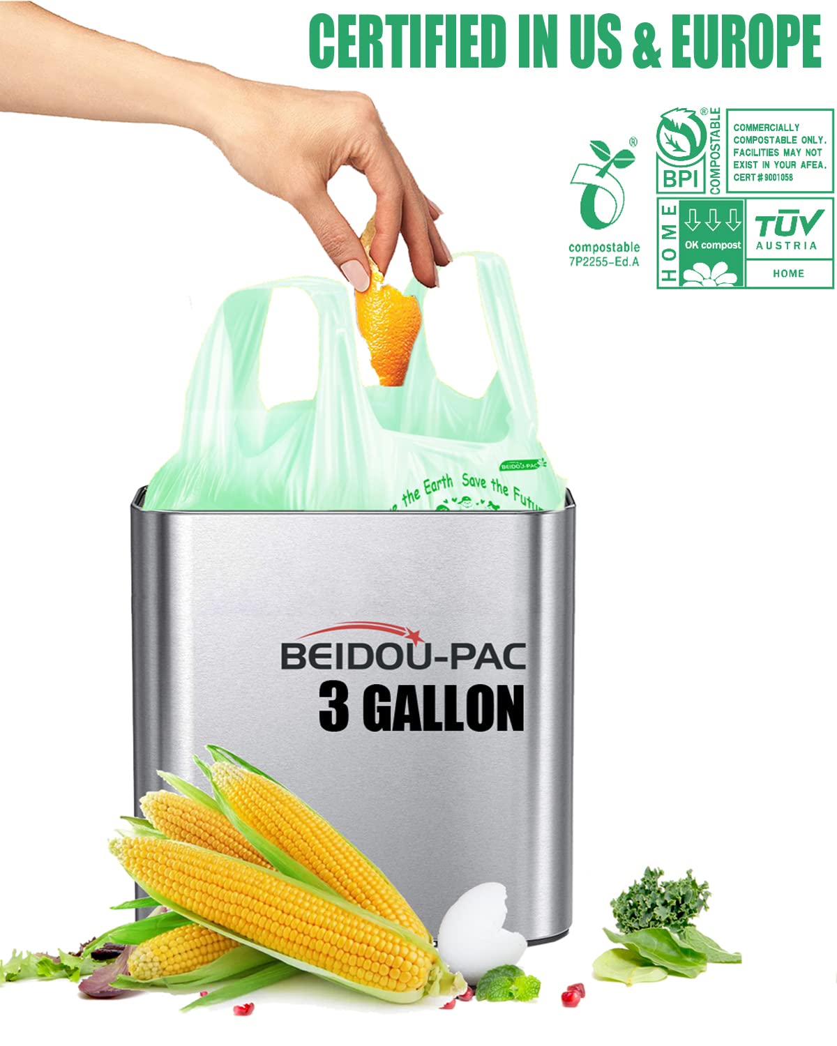 100% Compostable 3 Gallon Trash Bags with Handle, 200 Count D31290
