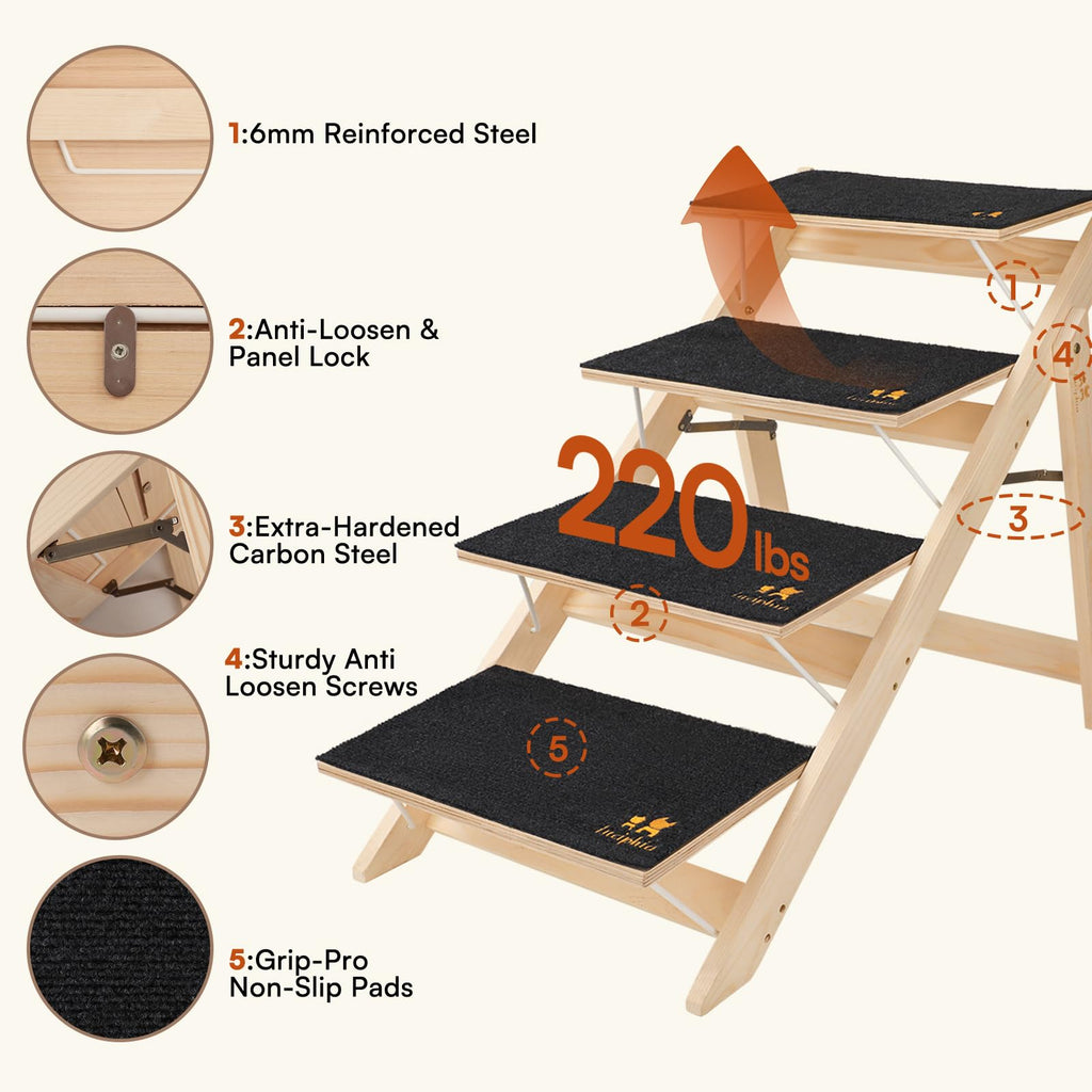 Wooden 4-Step Foldable Anti-Slip Dog Stairs F143