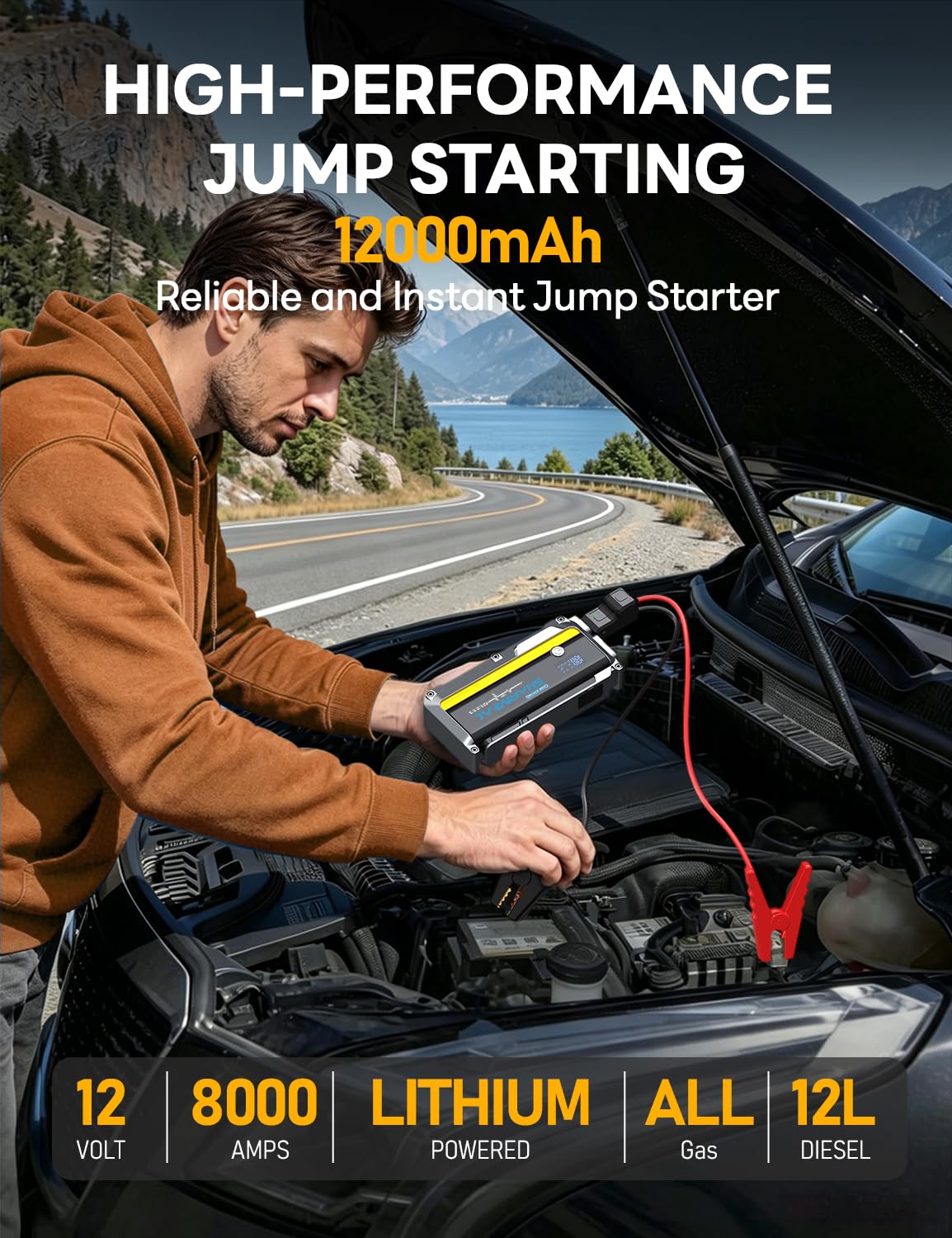 12000mAh 12V Portable Jump Starter with Flashlight and Jumper Cable I277