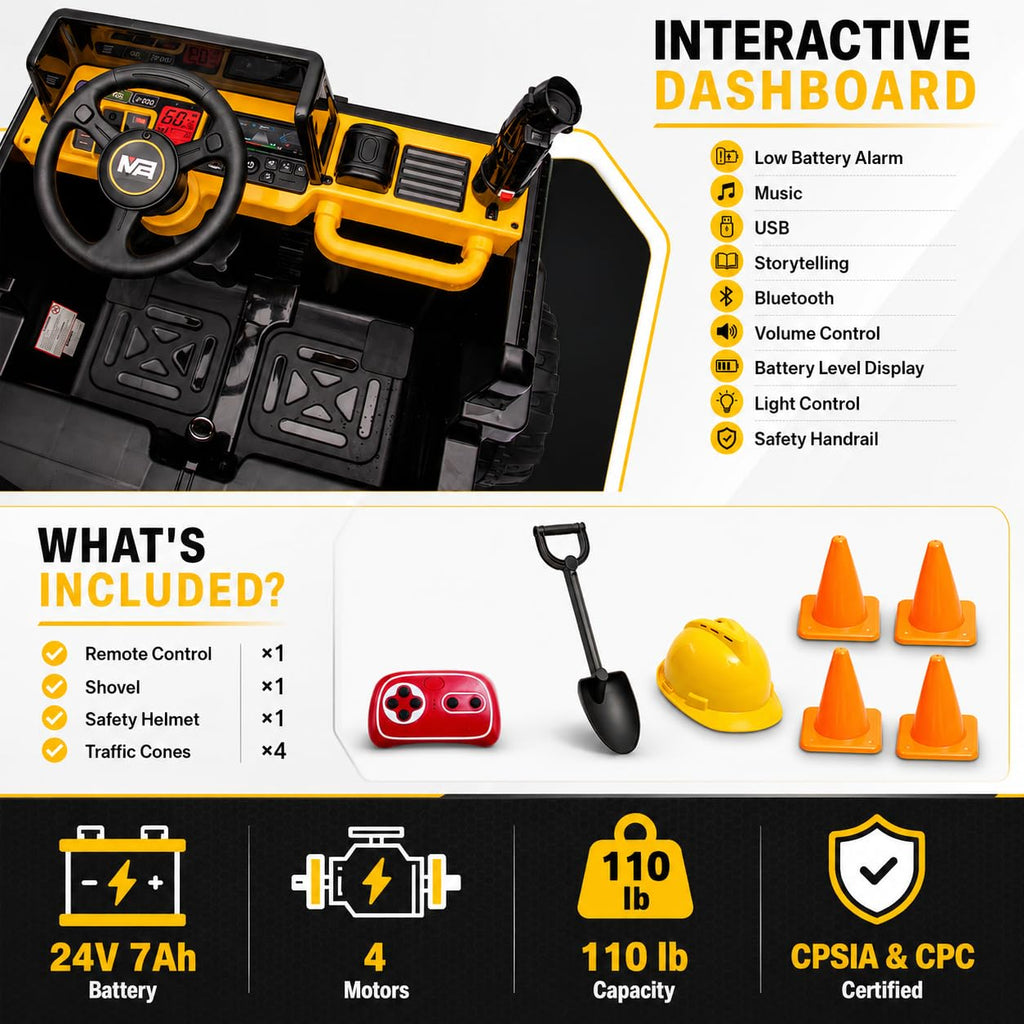 24V Ride On Dump Truck, 2-Seater Kids Electric Car, Yellow K70296