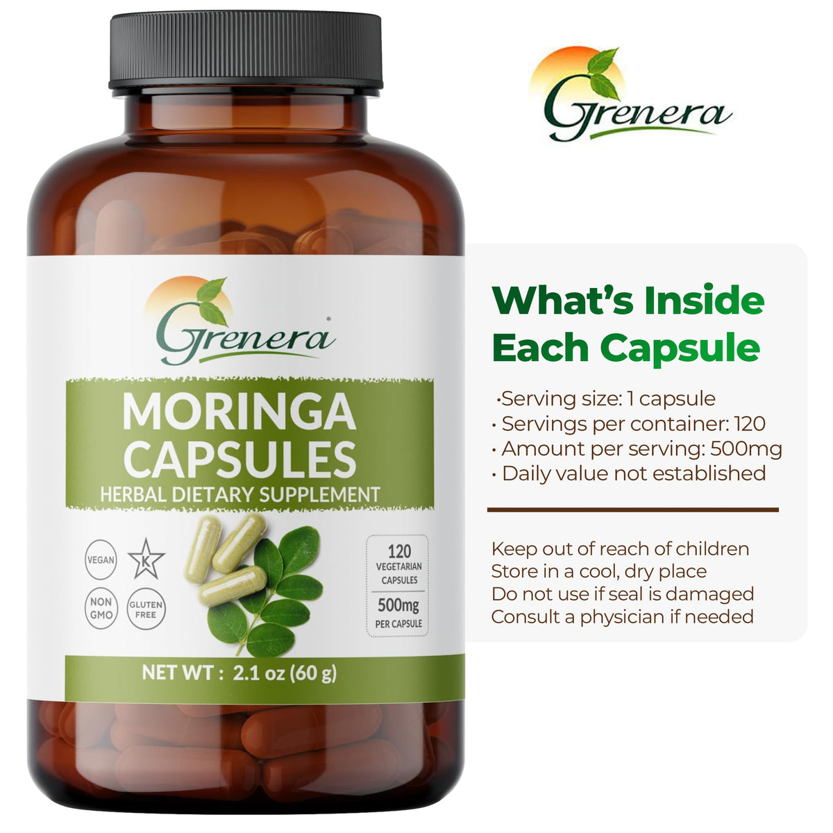 Moringa Capsules 500mg Moringa Oleifera Leaf Powder 120 Count U982
