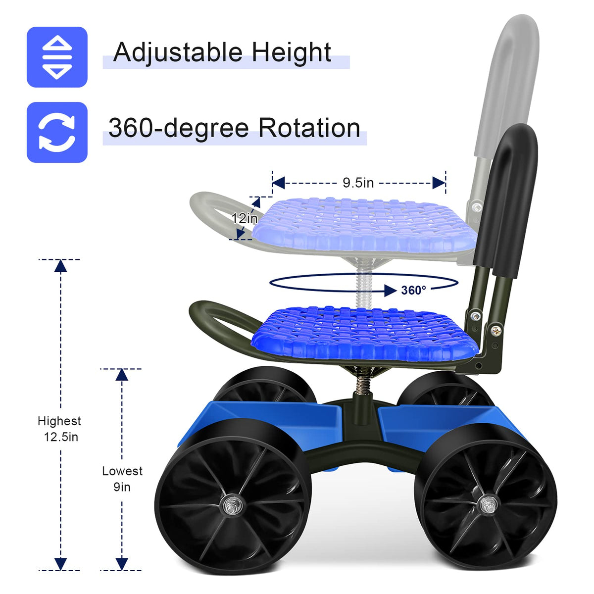 Blue Rolling Garden Cart with Four Wheels and Tool Bag K37839