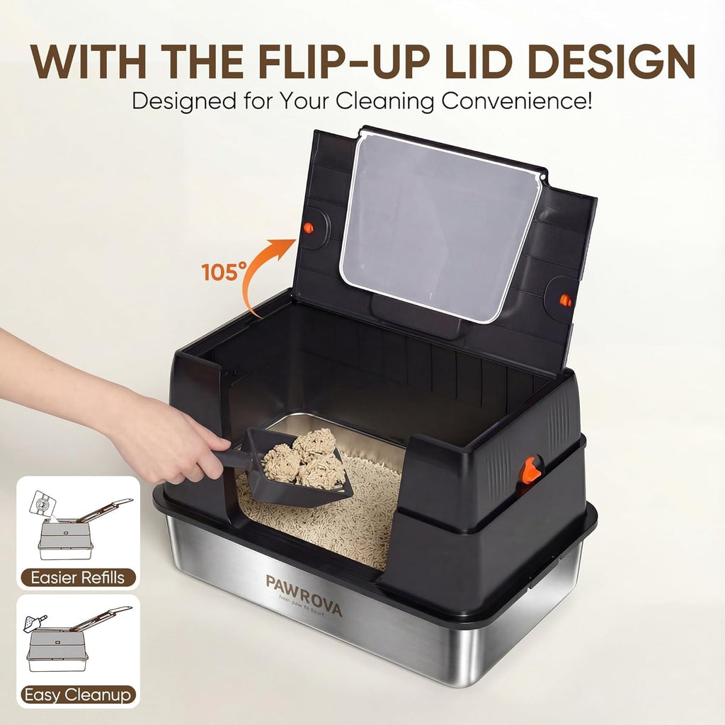 XL Stainless Steel Enclosed Cat Litter Box with Flip-Up Lid C755