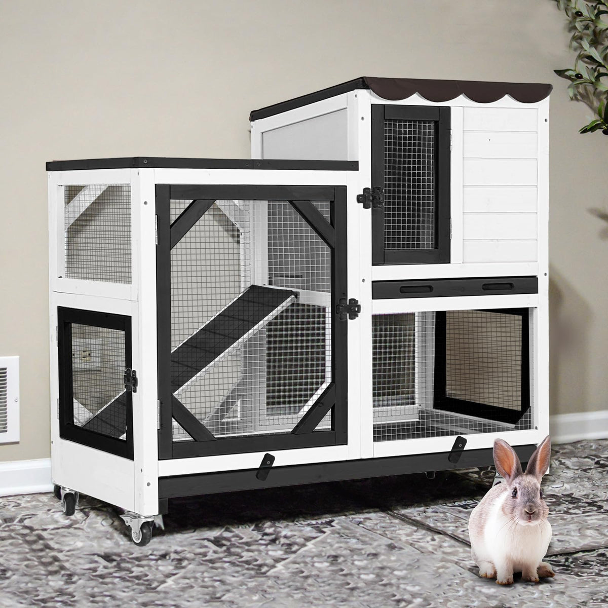 2-Story Wooden Rabbit Hutch with Wheels Q40466