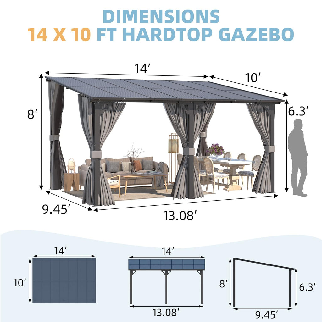14' x 10' Hard Top Lean to Gazebo with Curtains and Mosquito Netting P52968