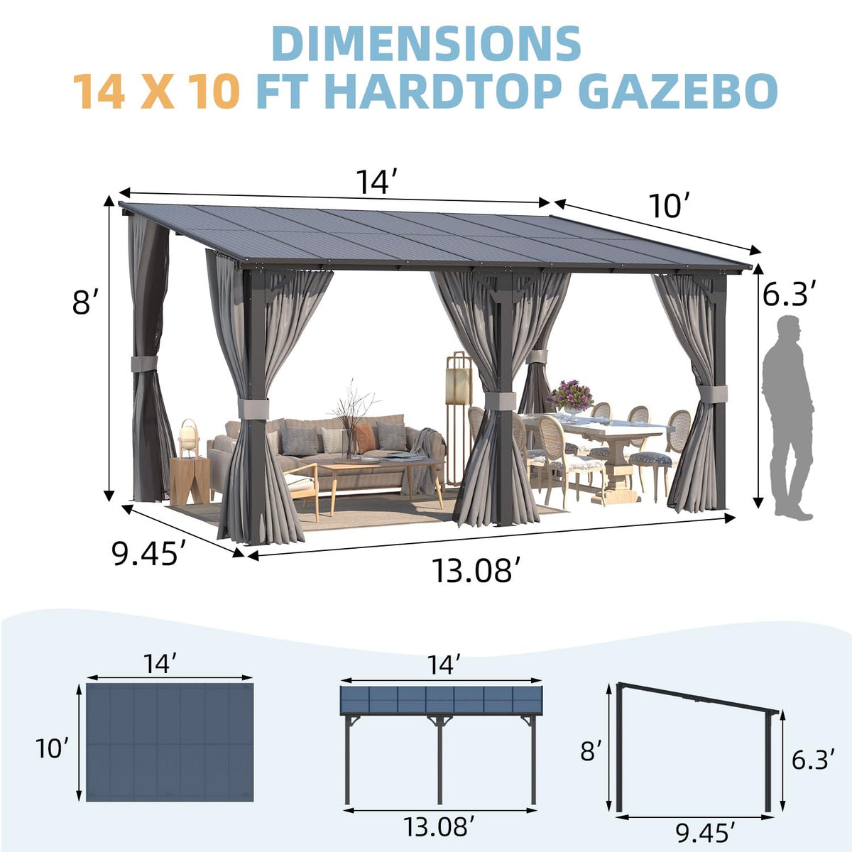 14' x 10' Hard Top Lean to Gazebo with Curtains and Mosquito Netting P52968