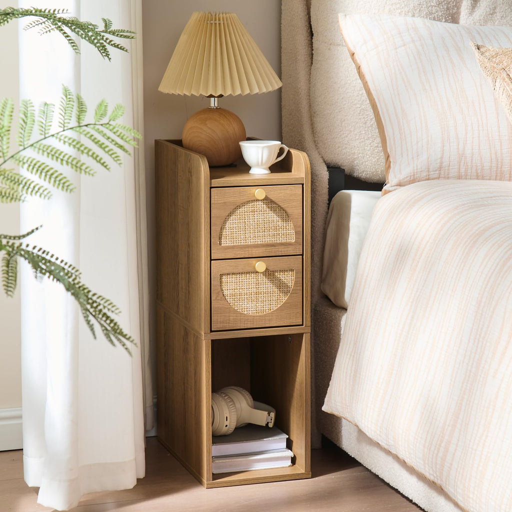 Narrow Rattan Wood Nightstand with 2 Drawers S399