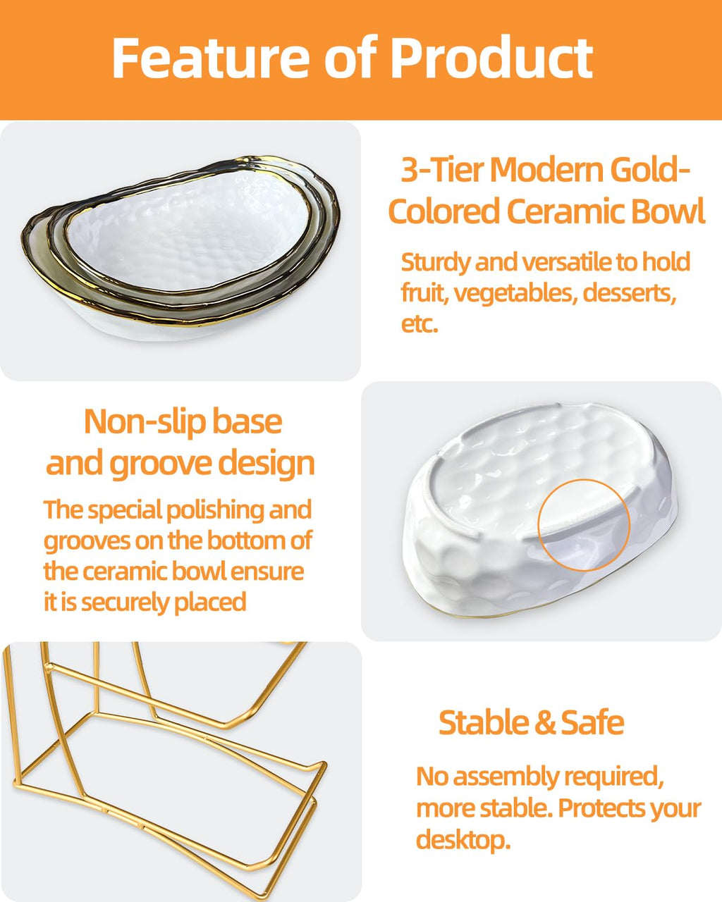 3-Tier Ceramic Fruit Bowl with Metal Stand E155