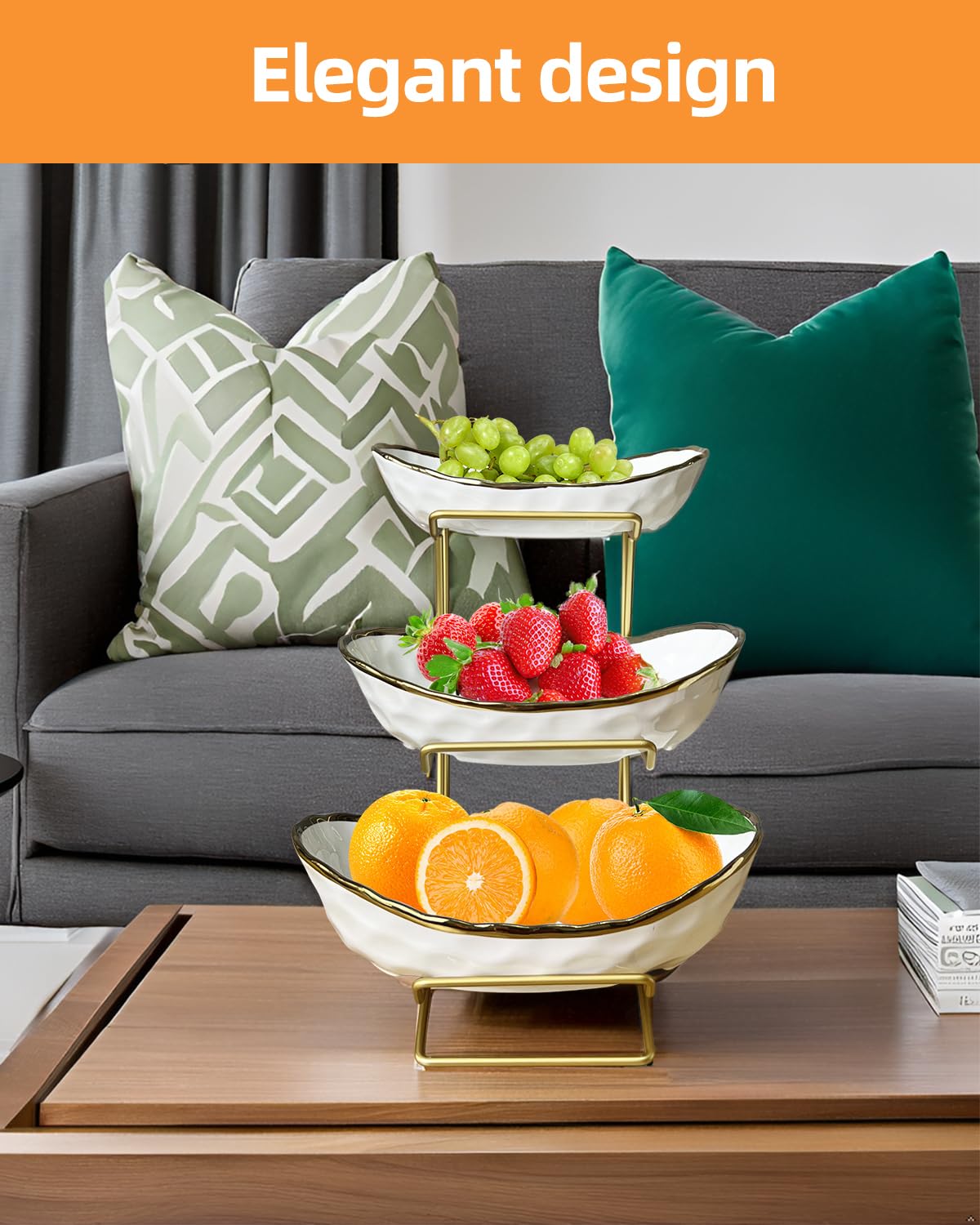 3-Tier Ceramic Fruit Bowl with Metal Stand E155