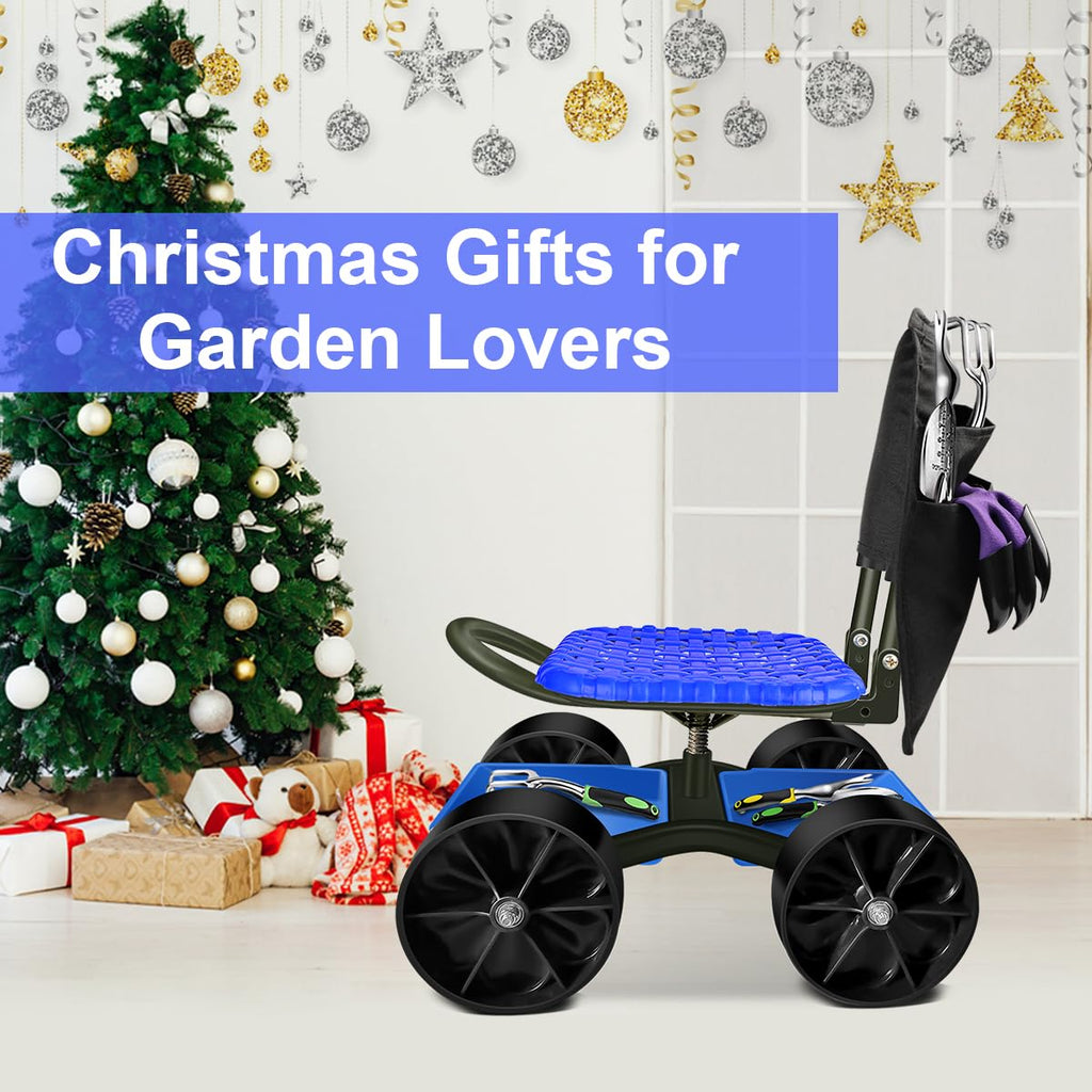 Blue Rolling Garden Cart with Four Wheels and Tool Bag K37839