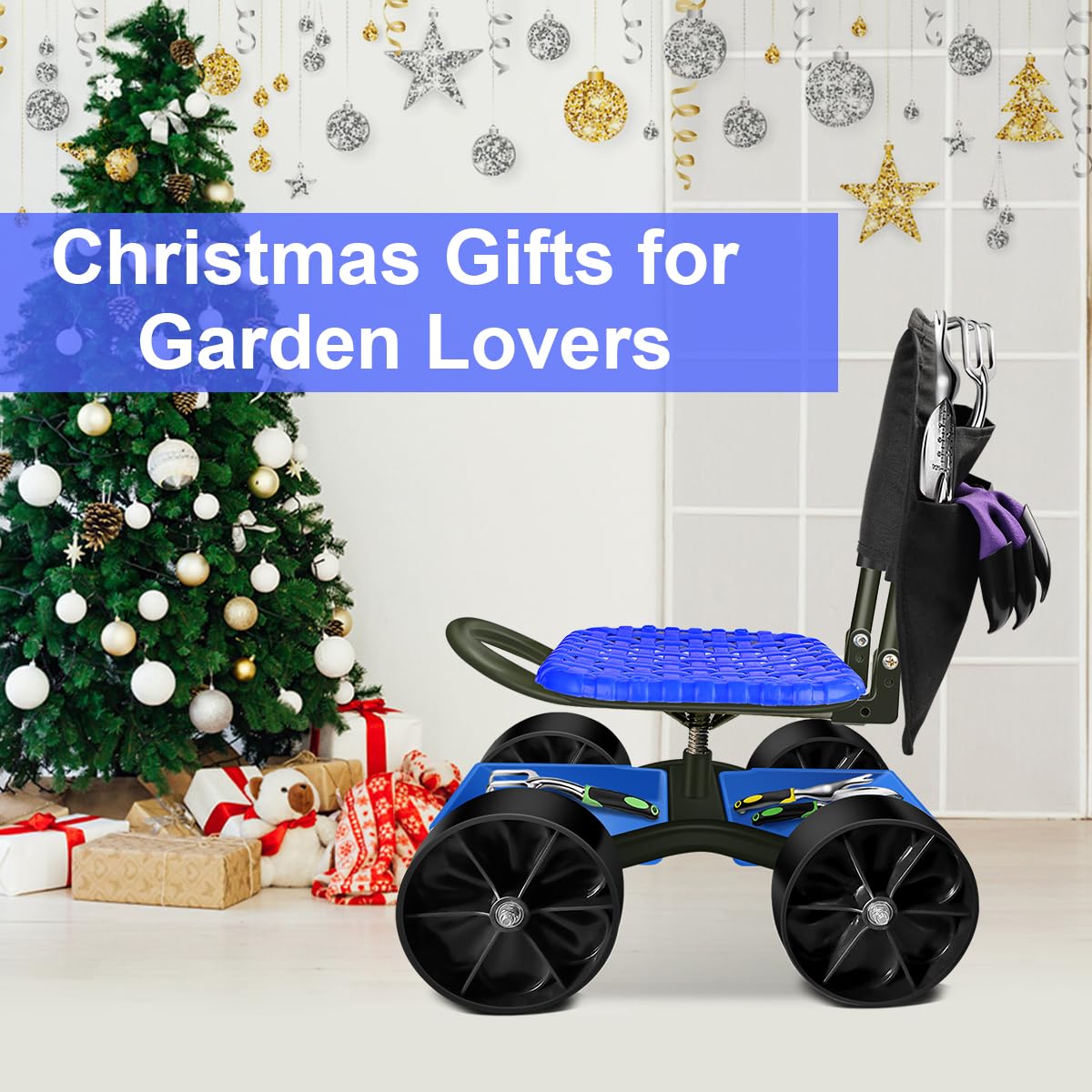 Blue Rolling Garden Cart with Four Wheels and Tool Bag K37839