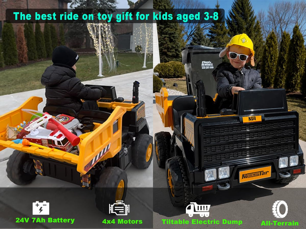 24V Ride On Dump Truck, 2-Seater Kids Electric Car, Yellow K70296