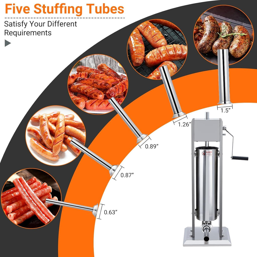 Two Speed Stainless Steel Vertical 15LBS Sausage Stuffer with 5 Stuffing Tubes Y26451