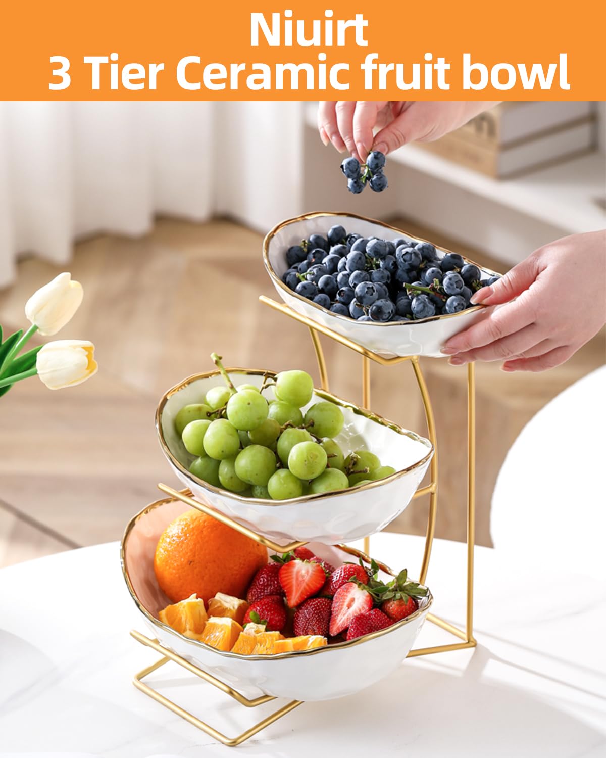 3-Tier Ceramic Fruit Bowl with Metal Stand E155