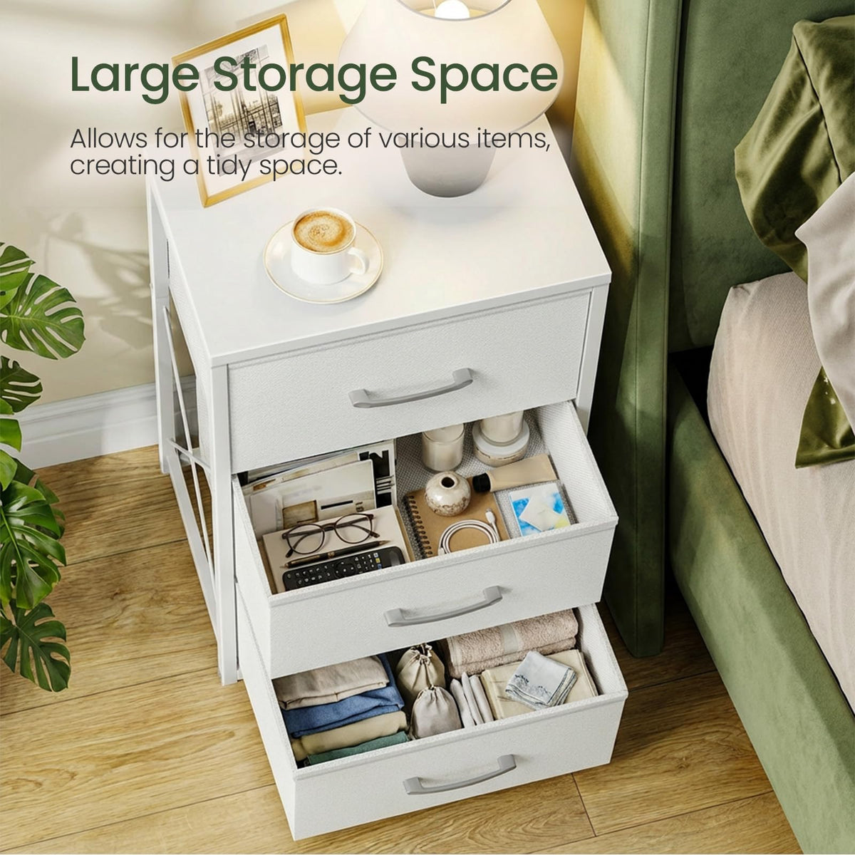 White 3 Drawer Fabric Storage Dresser with Wooden Top A8146