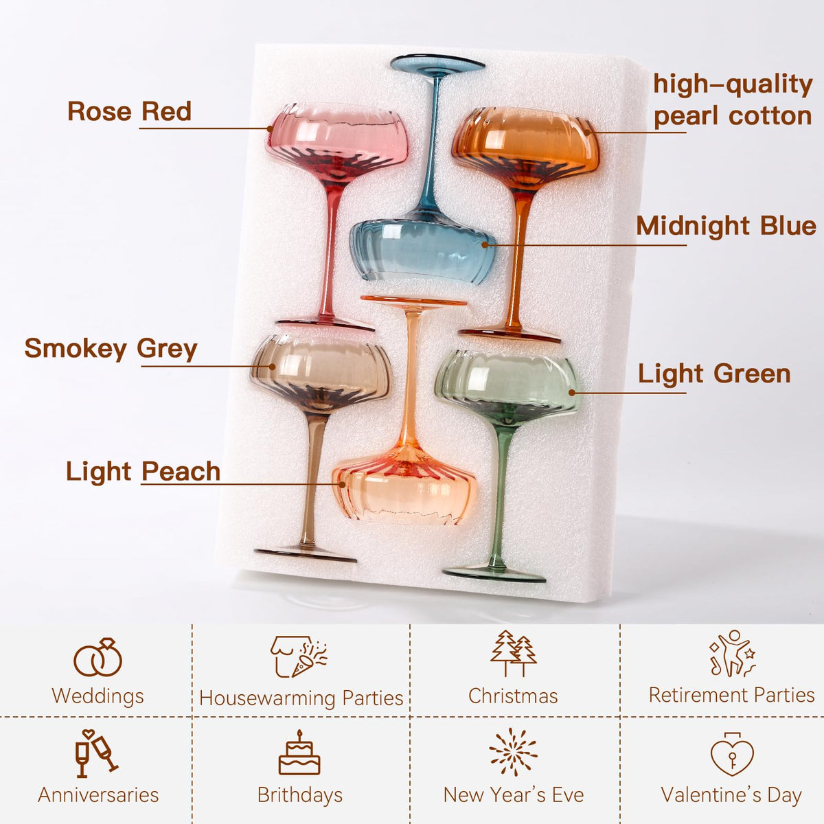 10 oz Colored Coupe Glasses Set of 6 T741278