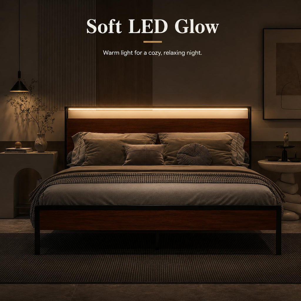 Full Size Metal Platform Bed Frame with Wood Headboard and Footboard T39838