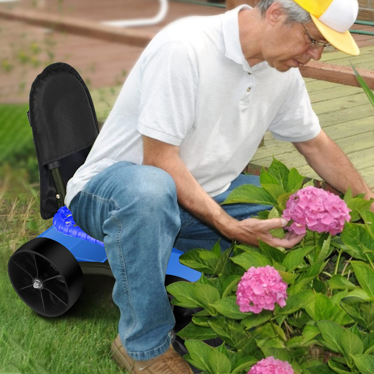 Blue Rolling Garden Cart with Four Wheels and Tool Bag K37839