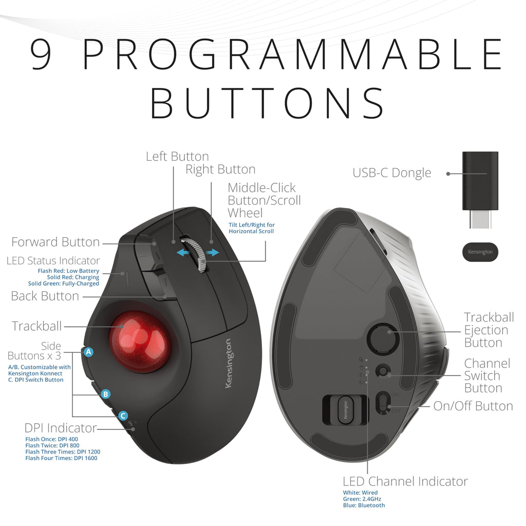 Wireless Vertical Trackball Mouse, Rechargeable - Black R2151