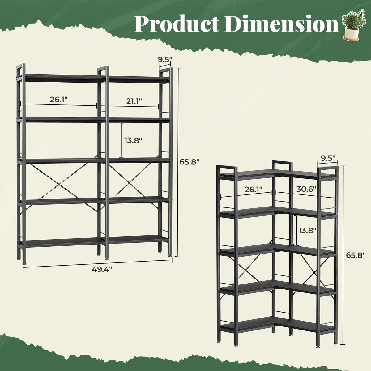5 Tier L Shaped Corner Bookshelf with 10 Open Shelves T40995