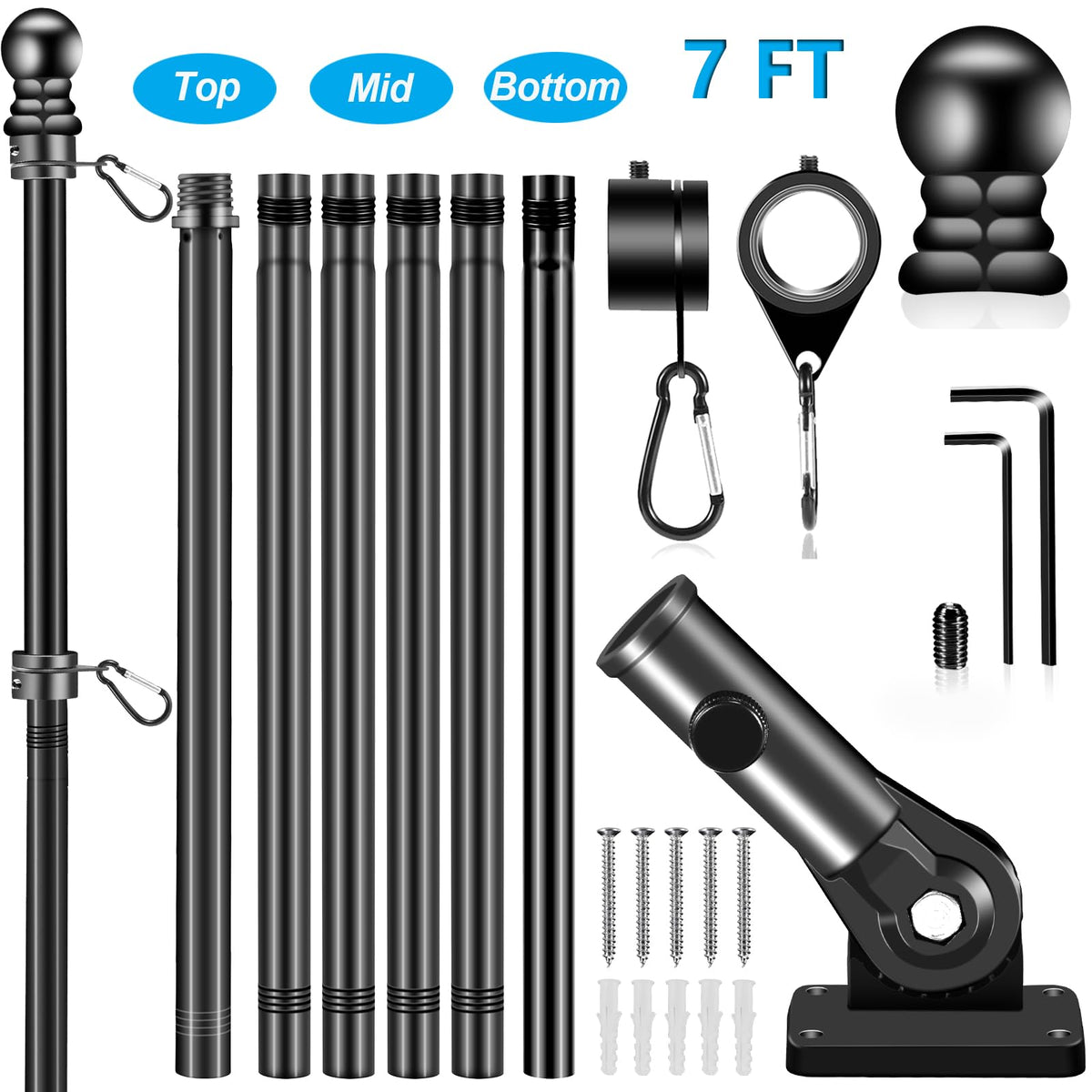 Black 7 FT Stainless Steel Flagpole Kit S7178