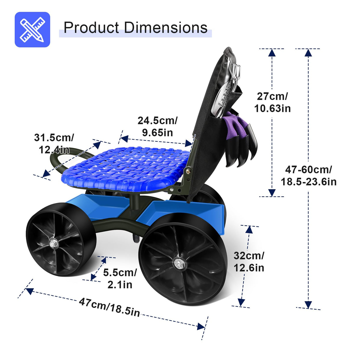 Blue Rolling Garden Cart with Four Wheels and Tool Bag K37839