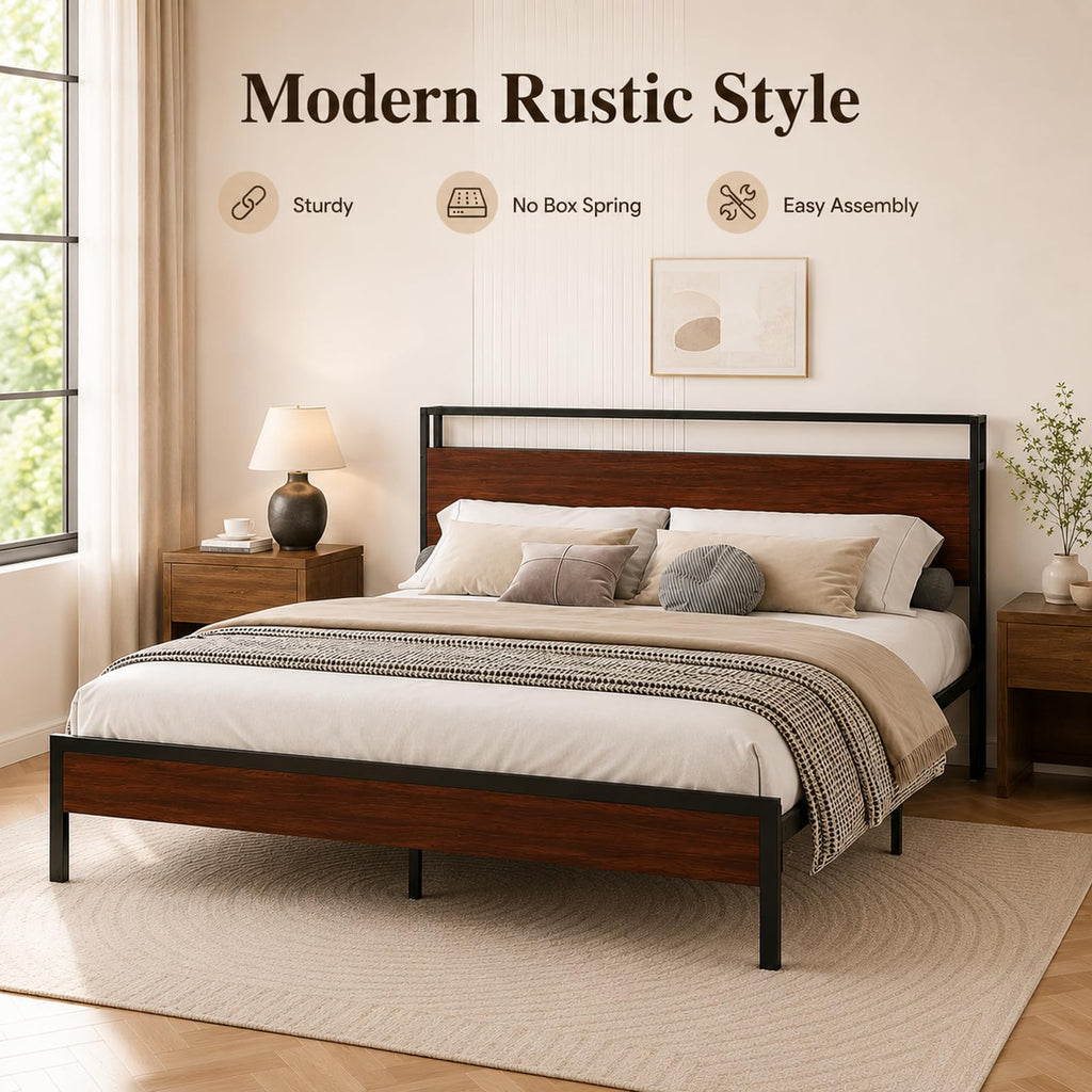 Full Size Metal Platform Bed Frame with Wood Headboard and Footboard T39838