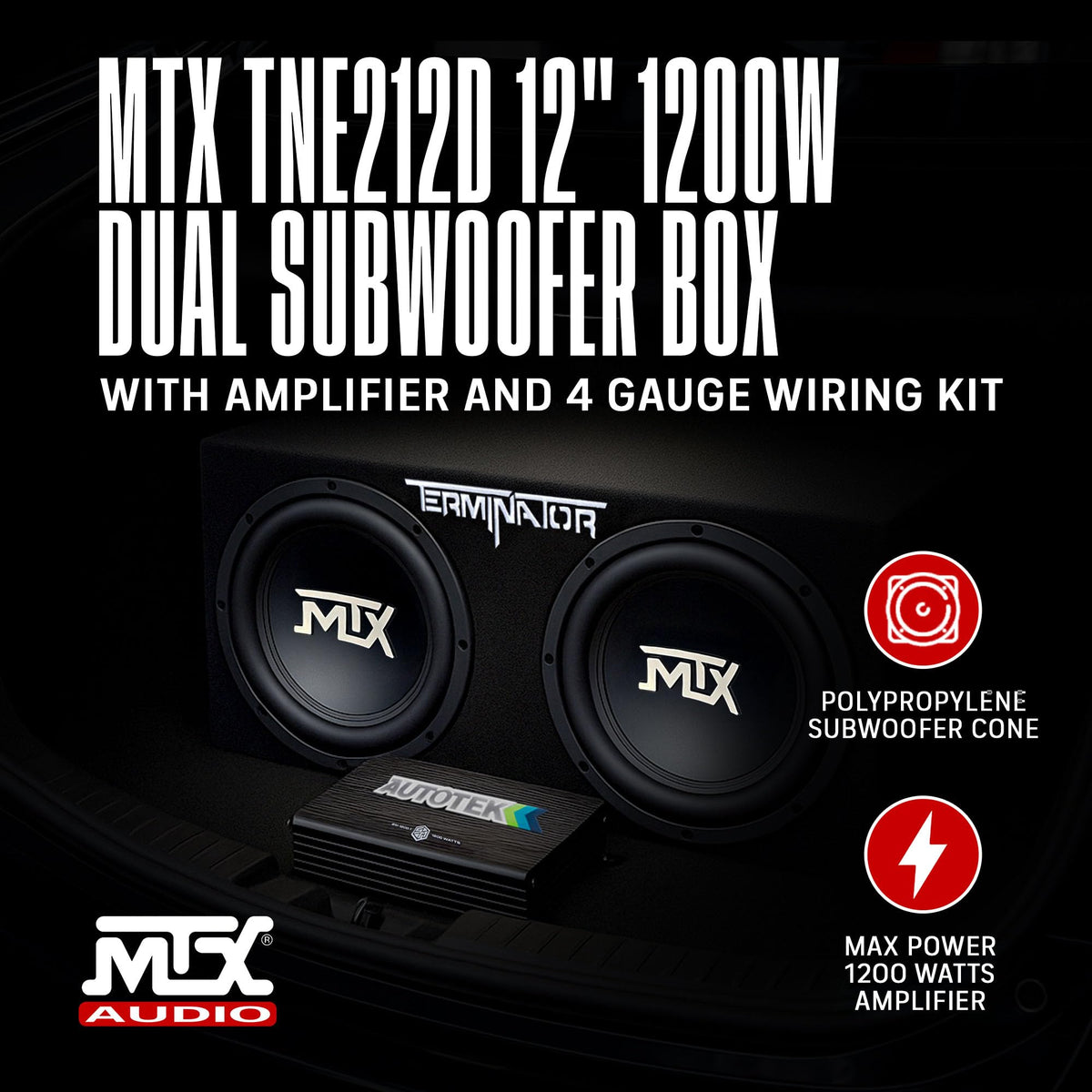 12" Subwoofer Box, Mono Amp & 4 Gauge Wiring Kit N39060