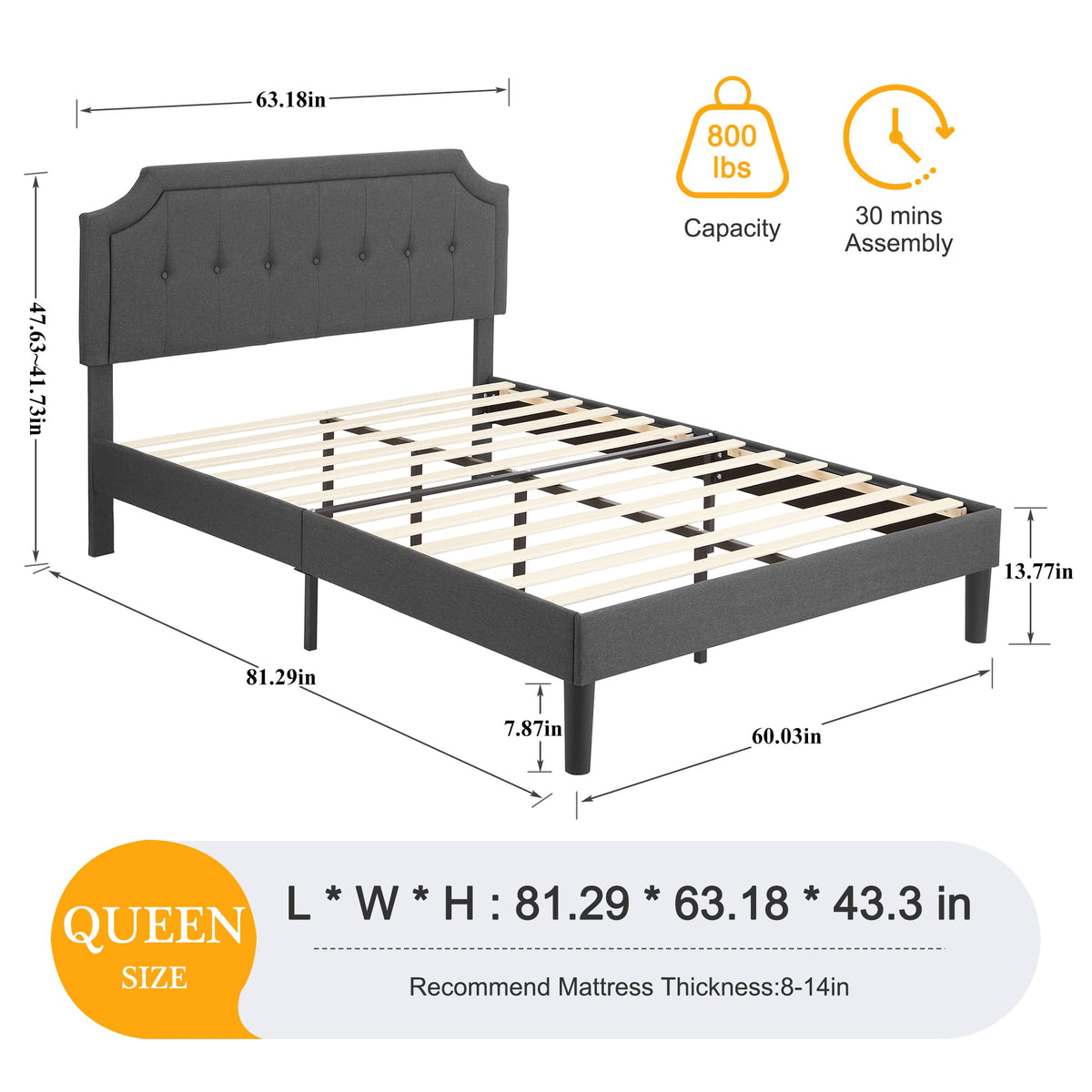 Queen Size Fabric Upholstered Platform Bed Frame with Wooden Slats F642167
