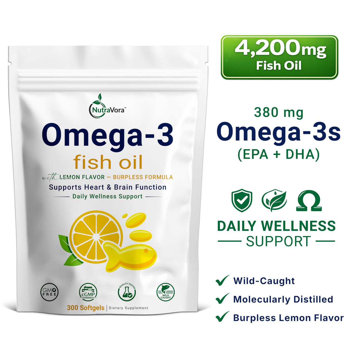 Omega 3 Fish Oil 4,200 mg Lemon Flavor 300 Softgels O386