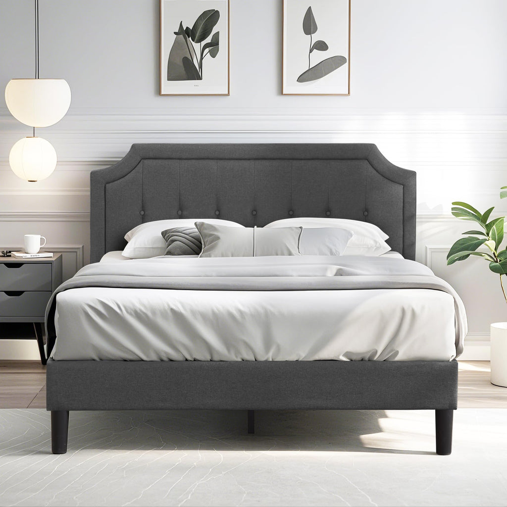 Queen Size Fabric Upholstered Platform Bed Frame with Wooden Slats F642167